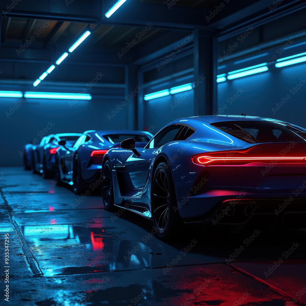Sleek modern sports cars lined up under vibrant neon lights in an industrial setting at night Sleek modern sports cars lined up under vibrant neon lights in an industrial setting at night