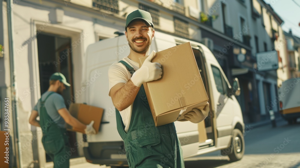 The delivery worker carrying box The delivery worker carrying box