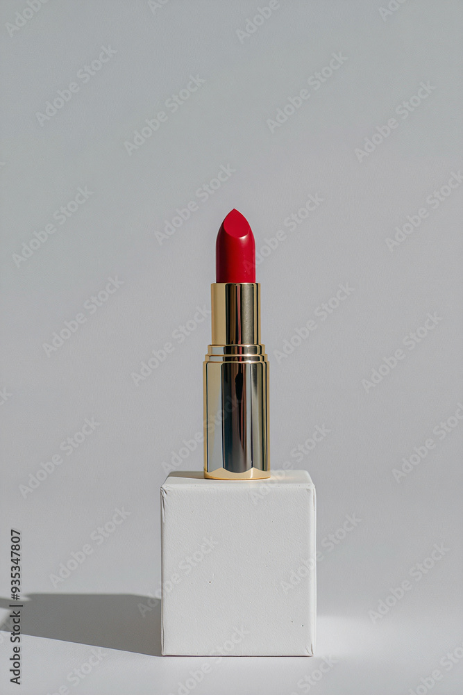 Professional mockup product photography of a red lipstick standing on a white paper block Professional mockup product photography of a red lipstick standing on a white paper block