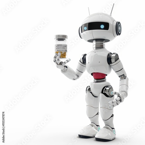 Robot nurse administering medication using a smart medical dispenser, isolated on a white background. photo