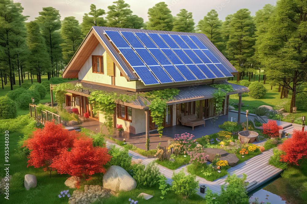 Haus mit einer Photovoltaikanlage auf dem Dach, Generative AI