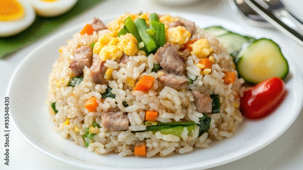 Closeup of a plate of fried rice with pork, egg, carrots, green onions, and cucumber. Closeup of a plate of fried rice with pork, egg, carrots, green onions, and cucumber.