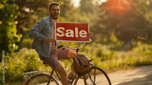 Happy Cyclist Holding a Sale Sign. photo