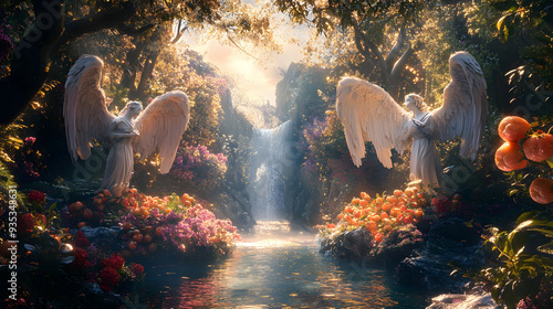 Guardian angels guarding the Garden of Eden and beautiful scenery photo