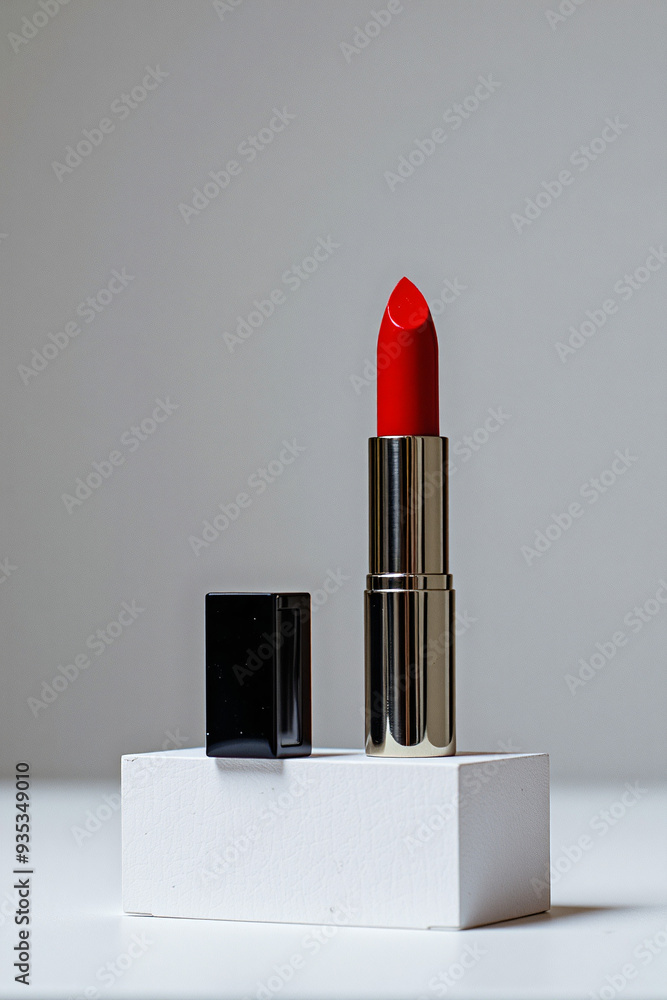 Professional mockup product photography of a red lipstick standing on a white paper block Professional mockup product photography of a red lipstick standing on a white paper block