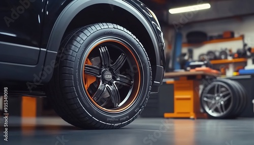 A close-up of the tire and wheel on an SUV, set against the backdrop of garage equipment like jacks and tires in bright orange and black colors. 