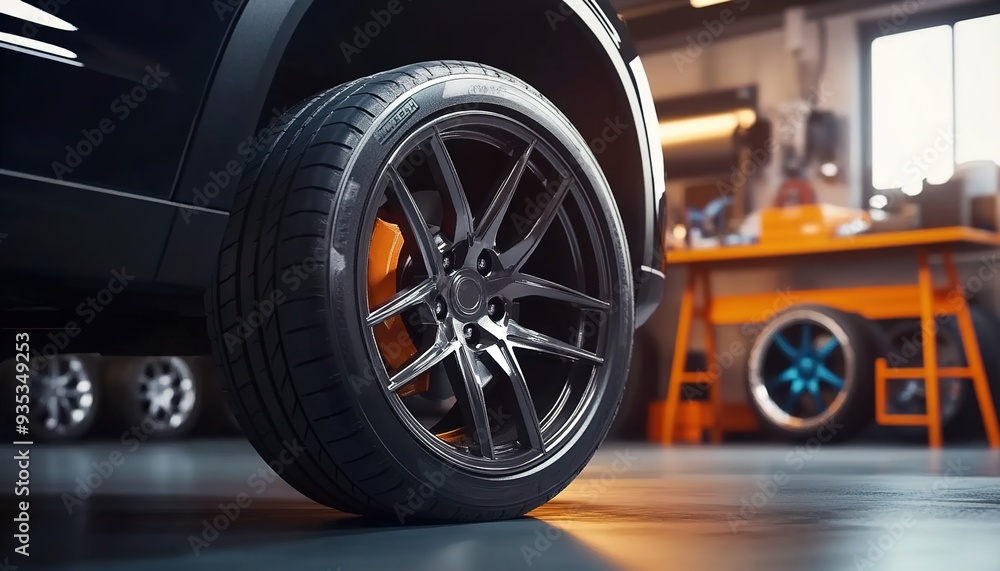 A close-up of the tire and wheel on an SUV, set against the backdrop of garage equipment like jacks and tires in bright orange and black colors. A close-up of the tire and wheel on an SUV, set against the backdrop of garage equipment like jacks and tires in bright orange and black colors.