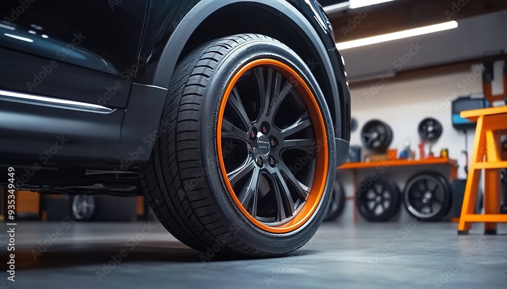 A close-up of the tire and wheel on an SUV, set against the backdrop of garage equipment like jacks and tires in bright orange and black colors. A close-up of the tire and wheel on an SUV, set against the backdrop of garage equipment like jacks and tires in bright orange and black colors.