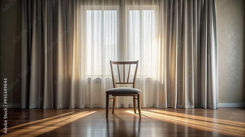 Fototapeta premium A lonely chair sits idle in an empty room with closed curtains, symbolizing isolation and solitude during a pandemic lockdown or self-imposed quarantine.