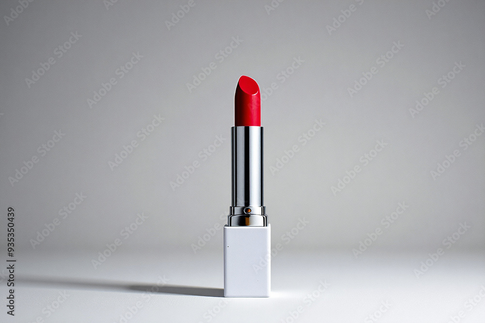 Professional mockup product photography of a red lipstick standing on a white paper block Professional mockup product photography of a red lipstick standing on a white paper block