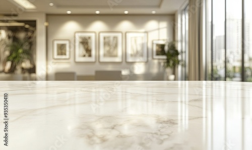 A white marble countertop with a view of a room