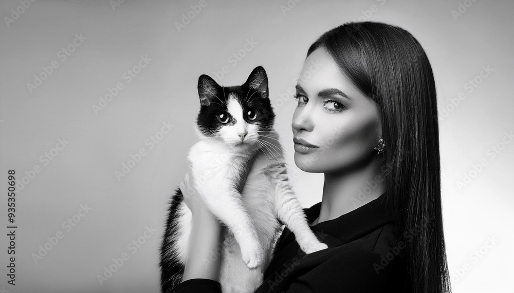 beautiful woman black dress white cat, AI generated beautiful woman black dress white cat, AI generated