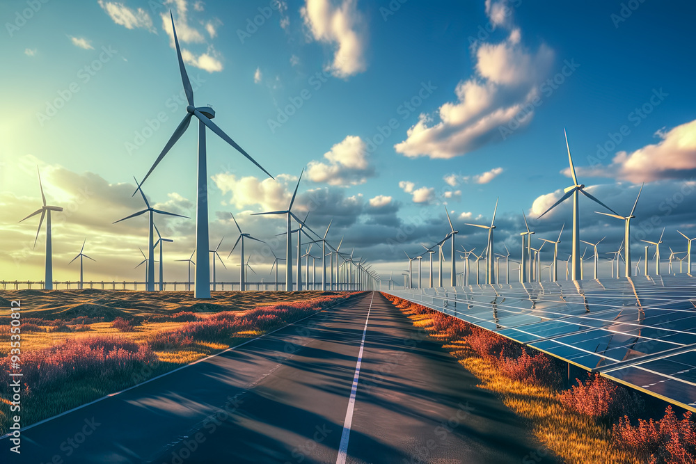 Strom aus Erneuerbaren Energien, Windräder und Solarzellen einer Photovoltaikanlage, Generative AI