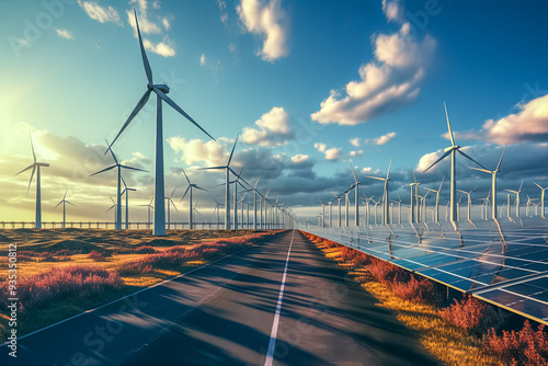 Obraz na płótnie Strom aus Erneuerbaren Energien, Windräder und Solarzellen einer Photovoltaikanlage, Generative AI w salonie