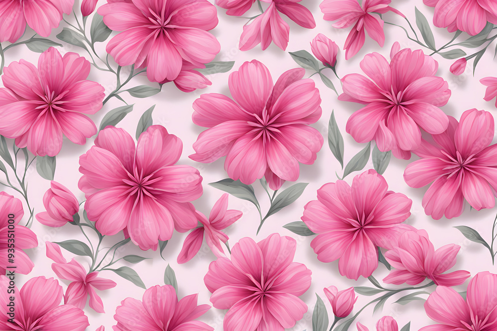 Pattern of pastel pink flowers and light green leaves. On a mint green background Create a romantic and bright atmosphere. Suitable for decorating designs Pattern of pastel pink flowers and light green leaves. On a mint green background Create a romantic and bright atmosphere. Suitable for decorating designs