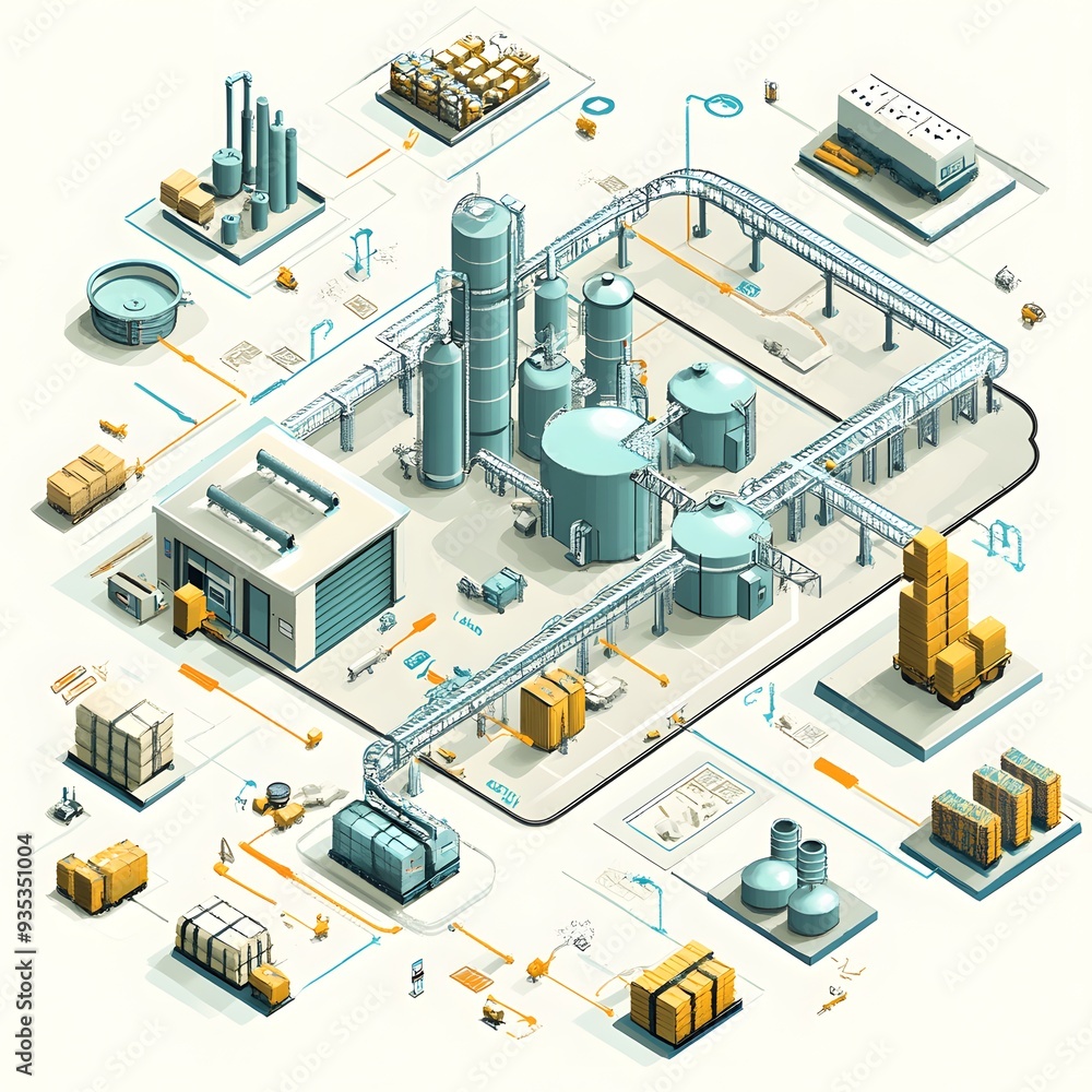 A 3D illustration of a modern industrial complex with interconnected buildings and machinery, showcasing logistics and production processes. A 3D illustration of a modern industrial complex with interconnected buildings and machinery, showcasing logistics and production processes.