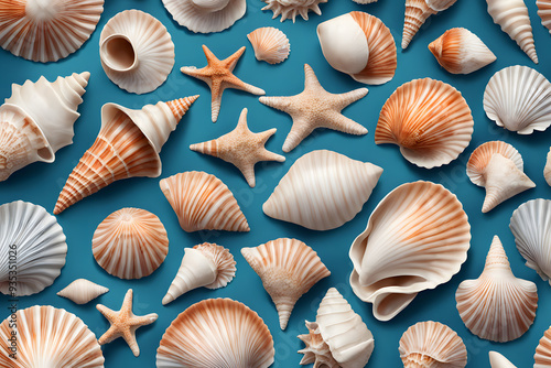 Seamless pattern, various types of shells and sea stars on a bright blue background. arranged in order Suitable for decorating designs