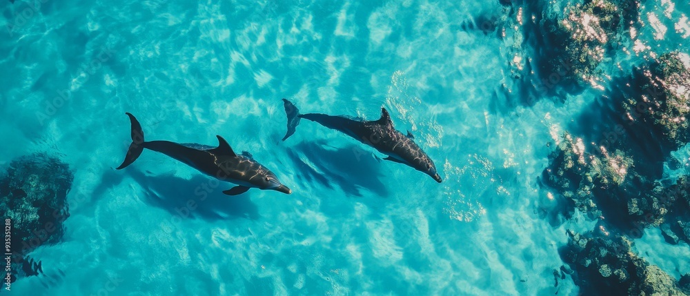 Two Dolphins Swimming in the Crystal Clear Ocean. Two Dolphins Swimming in the Crystal Clear Ocean.
