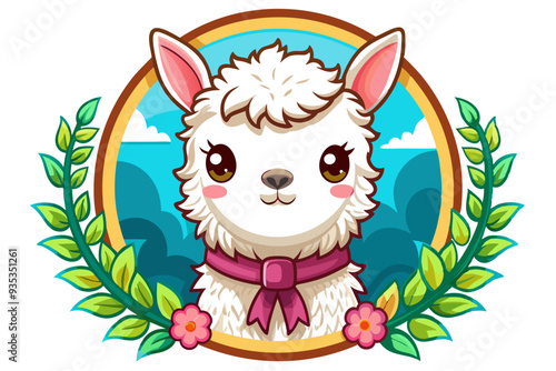 Cute Cartoon Llama with Pink Bow in Floral Wreath