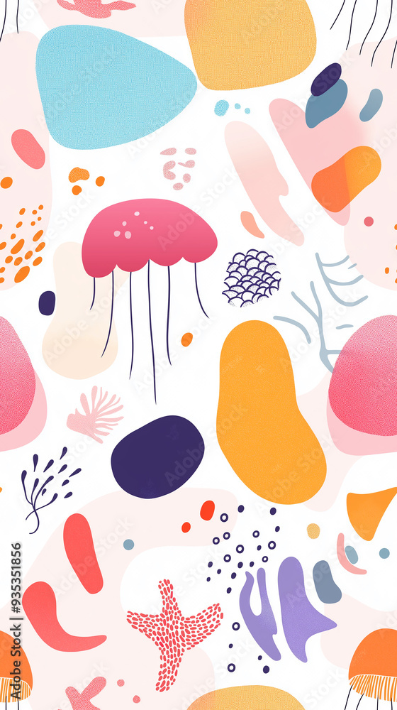 Abstract marine-themed pattern with colorful shapes resembling jellyfish, starfish, and coral, set against a white background, evoking an underwater world in playful tones. Abstract marine-themed pattern with colorful shapes resembling jellyfish, starfish, and coral, set against a white background, evoking an underwater world in playful tones.