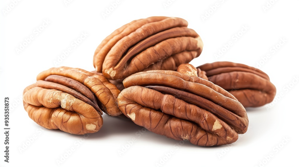 Close-up of four pecan nuts isolated on a white background. Close-up of four pecan nuts isolated on a white background.