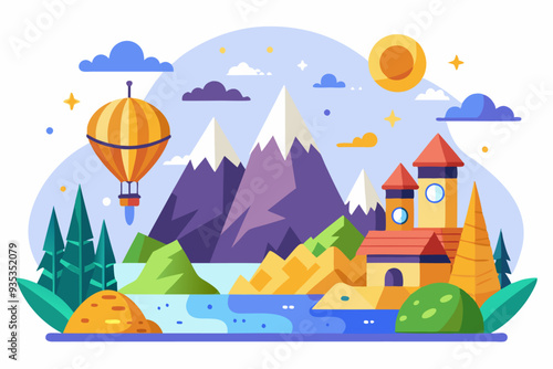 A Mountainous Landscape with a Hot Air Balloon, Castle, and Lake