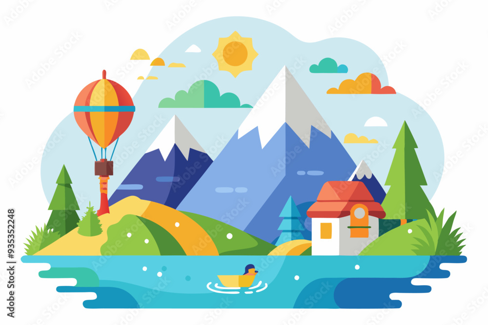 Mountain Landscape with a Hot Air Balloon and a Small House Mountain Landscape with a Hot Air Balloon and a Small House