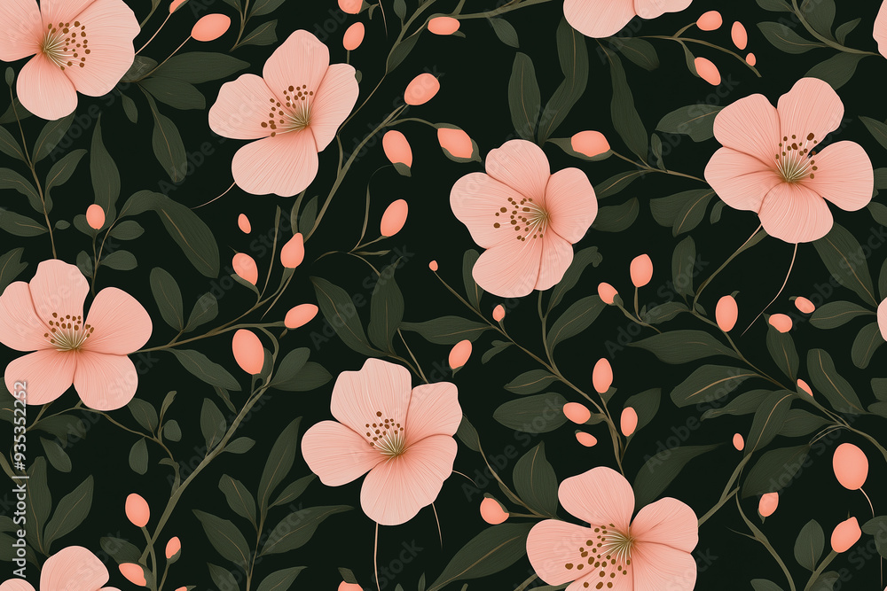 Φωτογραφία Dark-themed floral pattern featuring pink flowers and green leaves on a black background, creating an elegant and sophisticated design perfect for textiles