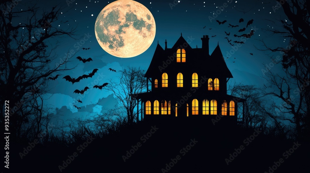 Haunted house with glowing windows under a full moon, bats silhouetted against the night sky, perfect for spooky themes, copy space available Haunted house with glowing windows under a full moon, bats silhouetted against the night sky, perfect for spooky themes, copy space available