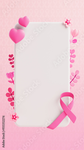 A blank text box for a Breast Cancer Awareness message with a pink ribbon, two hearts and flowers on a patterned background for social media post or stories template in 3D illustration