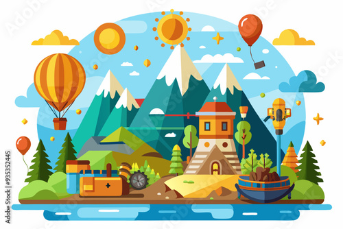 Colorful Cartoon Landscape with Mountains, Hot Air Balloons, and a House