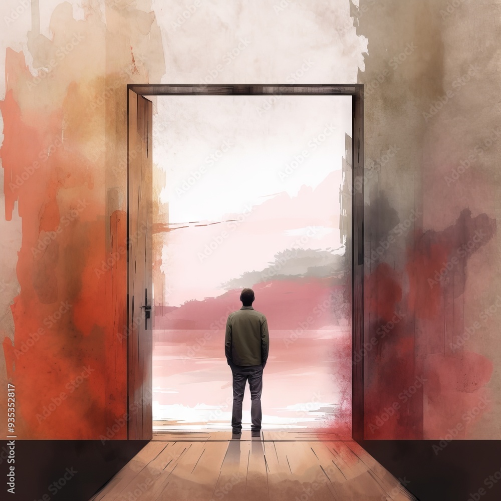 Fototapeta premium Reflective Man Standing in Open Doorway Illustration, Conceptual Artwork on Self-Discovery and Introspection