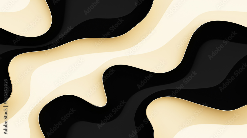 Abstract wavy pattern in black and beige creating a flowing, modern seamless tile. Smooth curves alternate between light and dark, forming a sophisticated, elegant design.