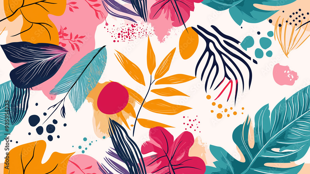 Bold tropical leaf pattern with vibrant colors like orange, teal, and pink. The seamless tile is lively, energetic, and perfect for summer themes. Bold tropical leaf pattern with vibrant colors like orange, teal, and pink. The seamless tile is lively, energetic, and perfect for summer themes.