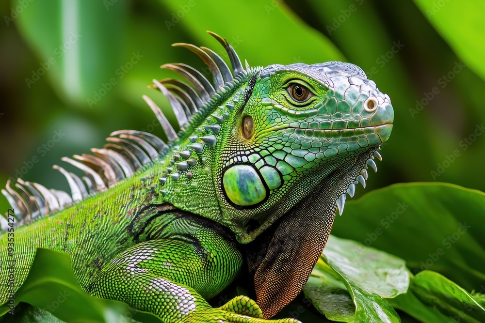 Close-up of a vibrant green iguana resting among lush tropical foliage, showcasing its intricate scales and striking colors. Close-up of a vibrant green iguana resting among lush tropical foliage, showcasing its intricate scales and striking colors.