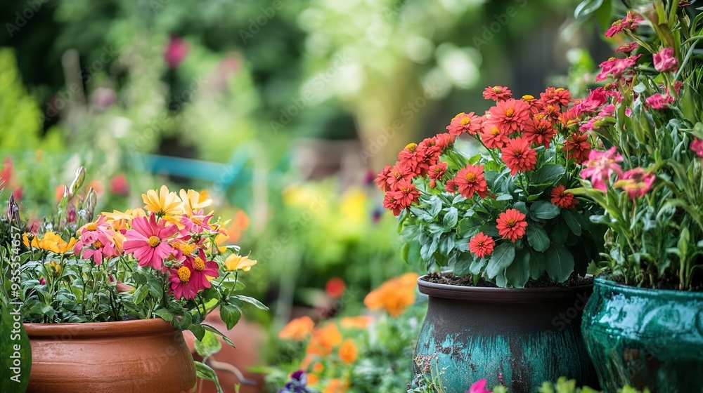 Vibrant garden landscape adorned with gardening accoutrements Vibrant garden landscape adorned with gardening accoutrements