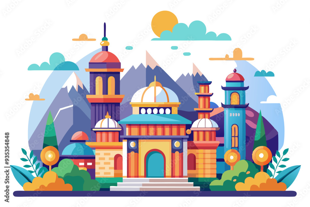 Fototapeta premium Colorful Cityscape with Domed Buildings and Mountains