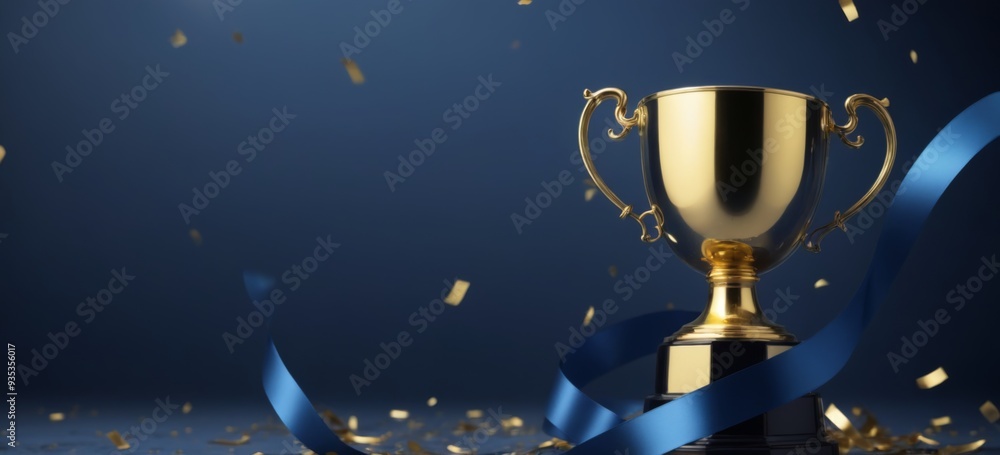 Golden trophy cup on dark blue background with ribbon, handles, Golden trophy cup on dark blue background with ribbon, handles,