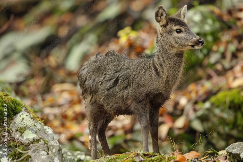 Close-up of a young tufted deer standing on moss-covered rocks in a forest, surrounded by autumn foliage. ai Close-up of a young tufted deer standing on moss-covered rocks in a forest, surrounded by autumn foliage. ai