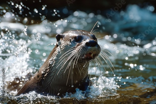 Otter swims in a river, splashing water around and looking up curiously, displaying its playful and energetic nature. ai