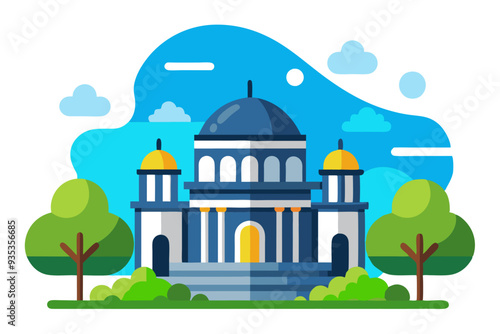 Flat Illustration of a Mosque with a Blue Sky Background and Green Trees