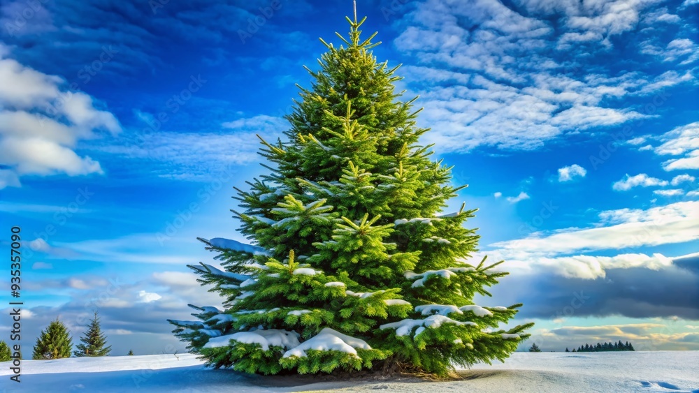A lush, vibrant Nordmann fir tree with soft, dark green needles and a slender, conical shape, set against a bright blue winter sky. A lush, vibrant Nordmann fir tree with soft, dark green needles and a slender, conical shape, set against a bright blue winter sky.