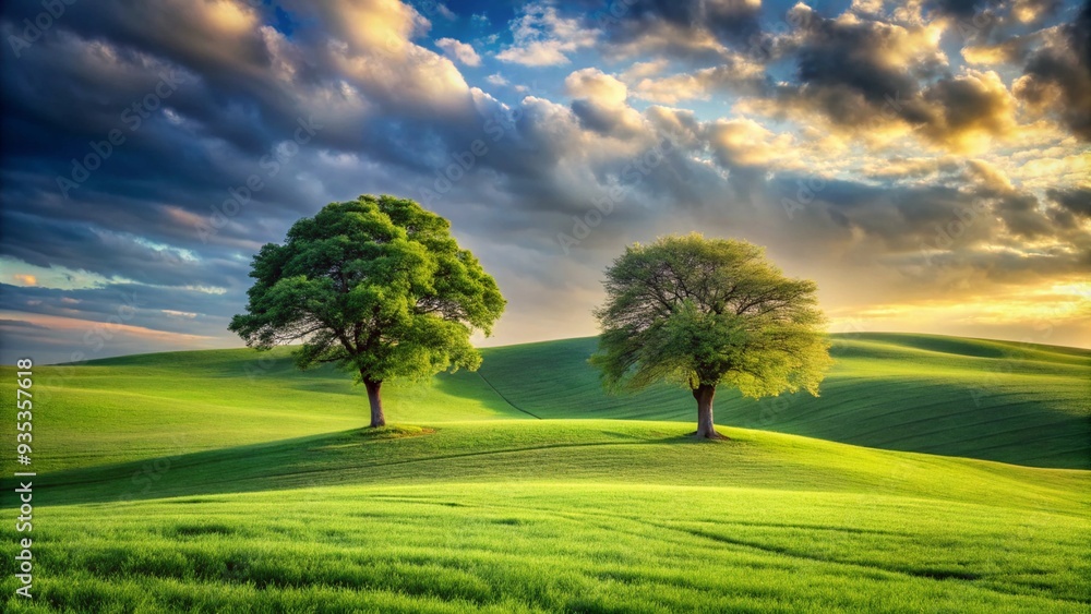 Portrait of Serene Rolling Green Landscape with Two Solitary Trees in Lush Field
Portrait of Serene Rolling Green Landscape with Two Solitary Trees in Lush Field