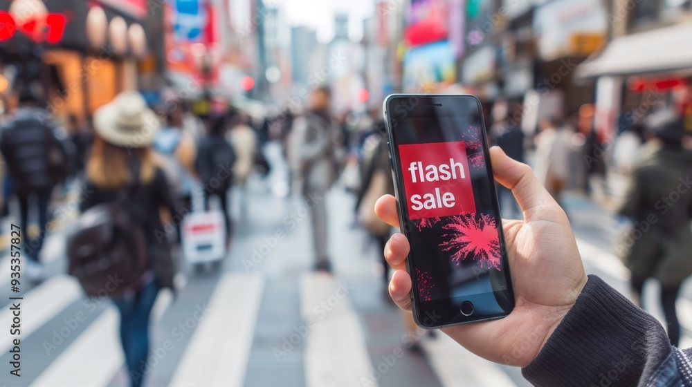 Flash Sale on Smartphone in Busy City Street. Flash Sale on Smartphone in Busy City Street.