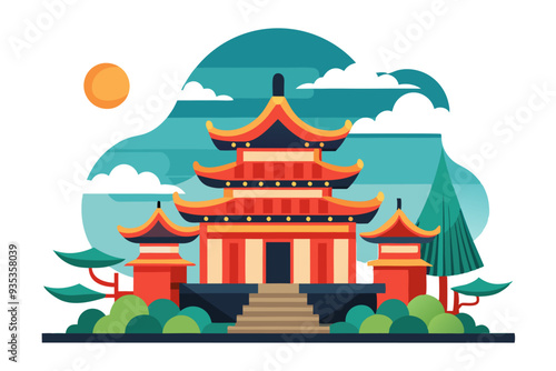 Colorful Illustration of a Pagoda in a Scenic Landscape