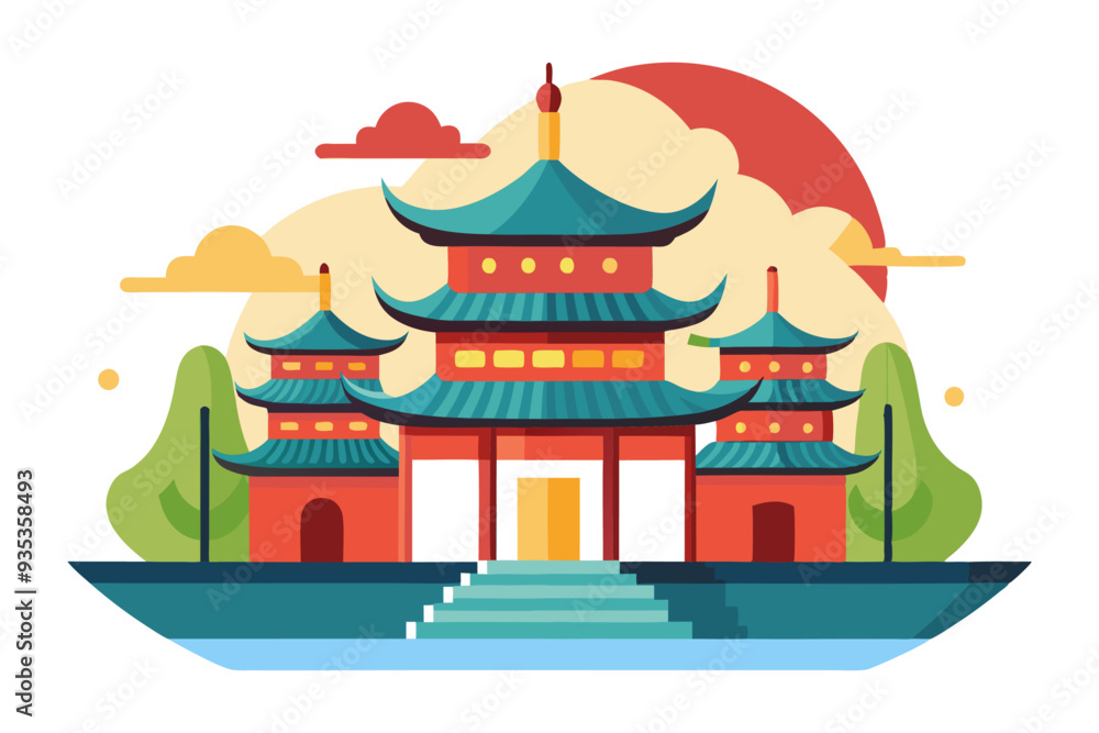 Fototapeta premium A Traditional Chinese Pagoda with a Red Roof and Green Tiles