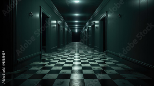 A long  dark hallway features a checkered floor design and is lined with an abundance of doors on either side of it  creating a mysterious atmosphere