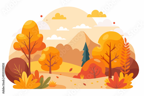 Autumnal Landscape with Trees, Clouds, and Mountains