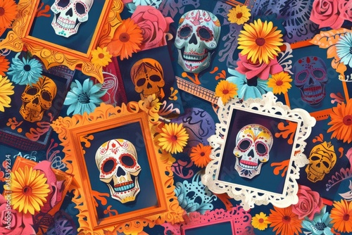 Day of the Dead collage with colorful sugar skulls in ornate frames, surrounded by flowers and traditional motifs. ai