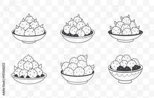 Print Pakoras Line Art Vector Set Delicious Indian Snack Outline Illustrations for Creative Projects